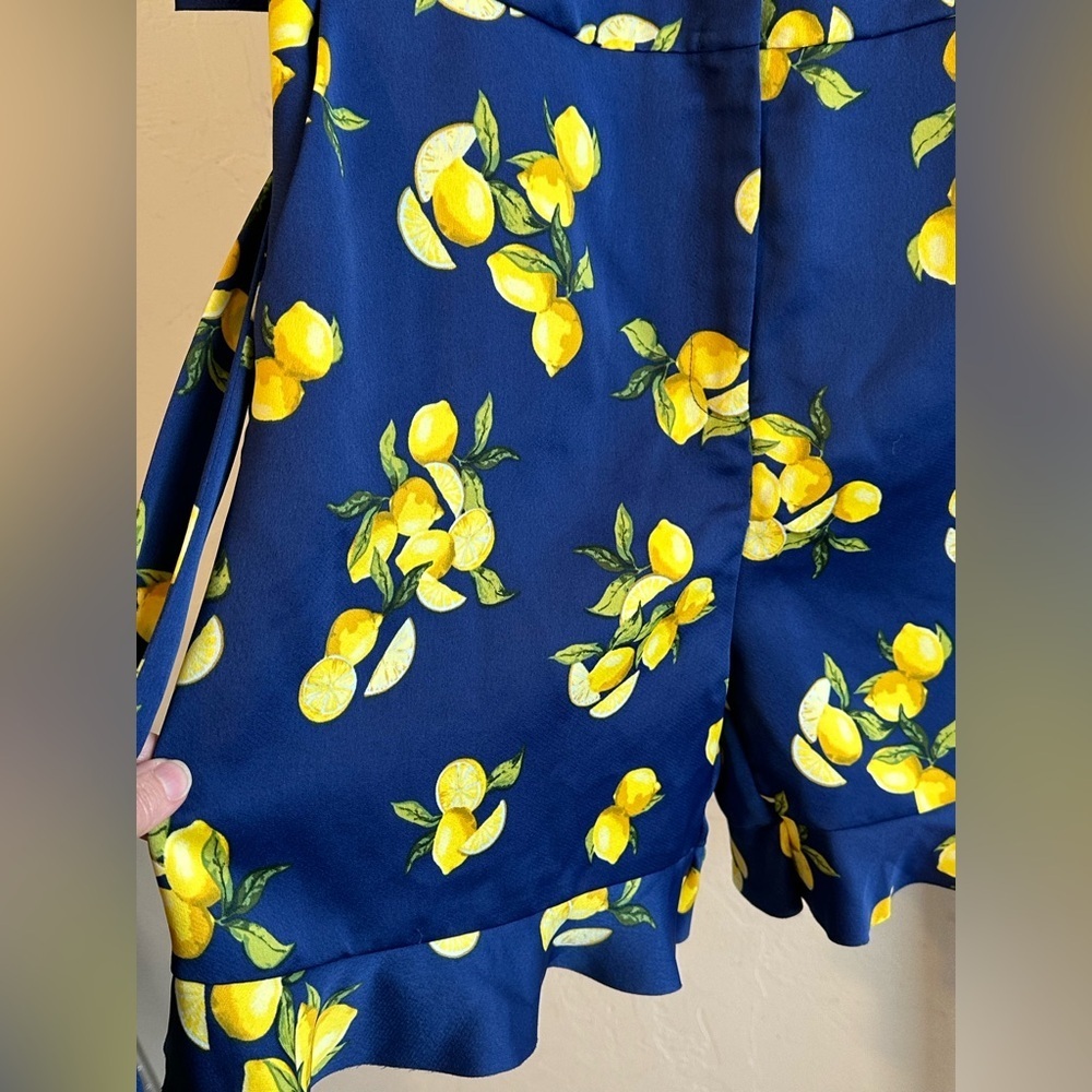 Banana Republic Navy Blue with Lemons Print Ruffle Shorts Tie Belt Romper Sz 4 - Picture 4 of 14